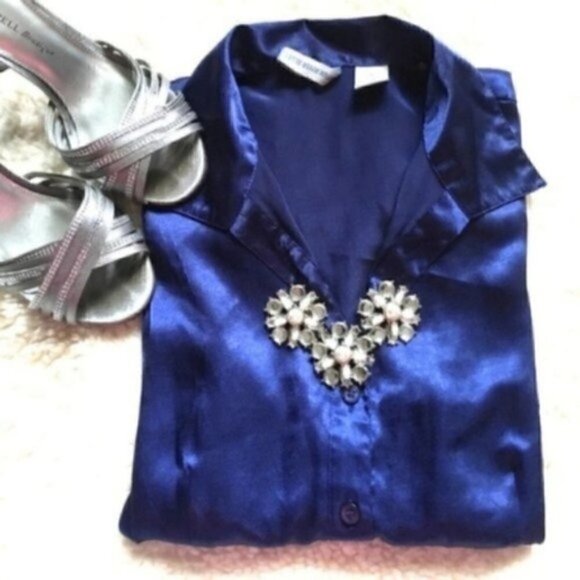 Canyon River Blues Blouse 7-9 Juniors Satin Indigo Blue Ruched Sides 90s Vintage - Picture 6 of 12